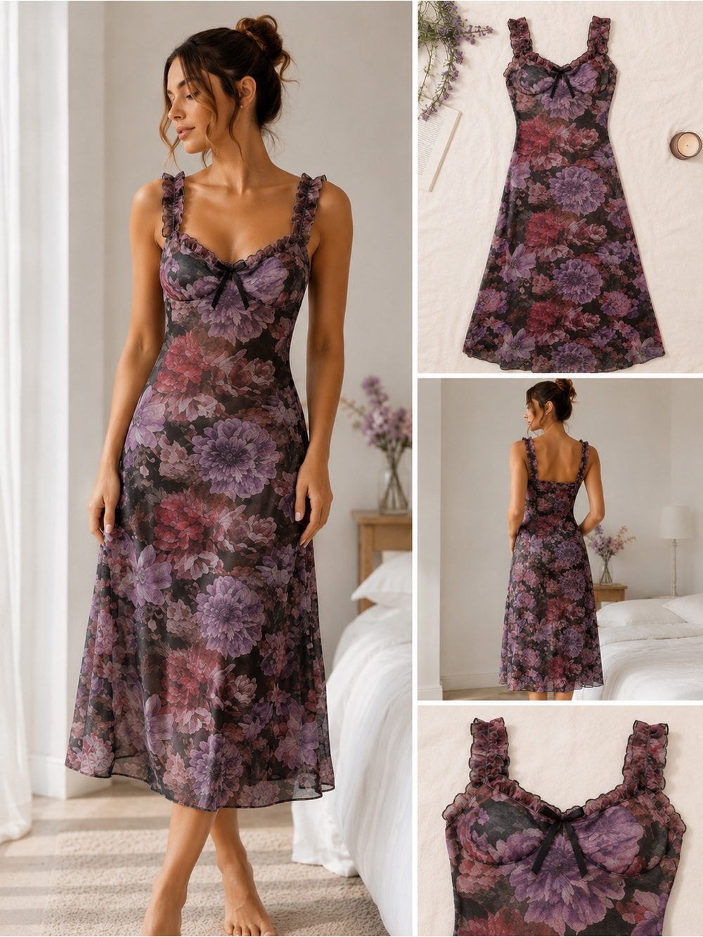 Mesh Floral Peasant Ruffle Sleeve Sweetheart Black & Purple Nightgown Dress S